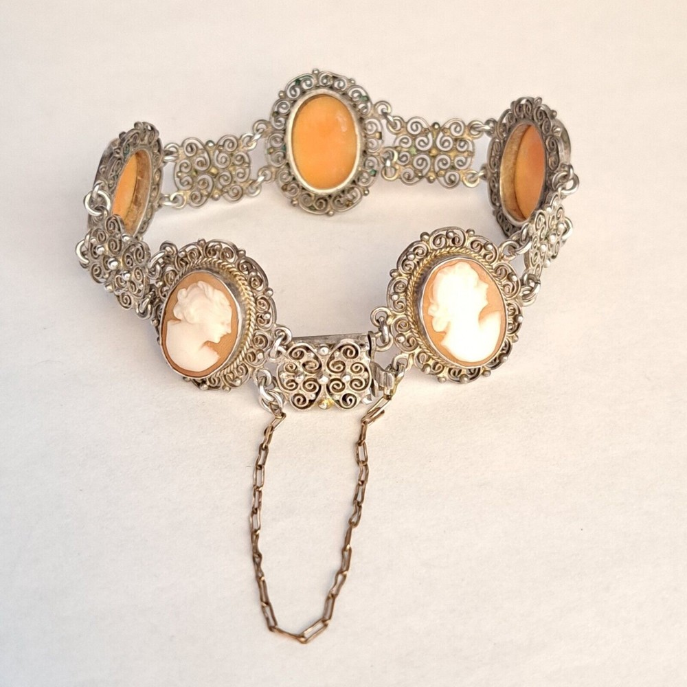 Antique Cameo Panel Silver Bracelet Filigree Italy 800 Marked Gold Chain Links - Picture 7 of 11
